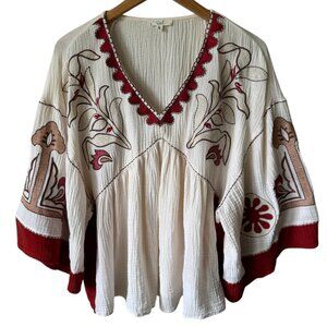 Easel Embroidered Top Sz Lg Peasant Boho Cotton Gauzy Lightweight Floaty Summer